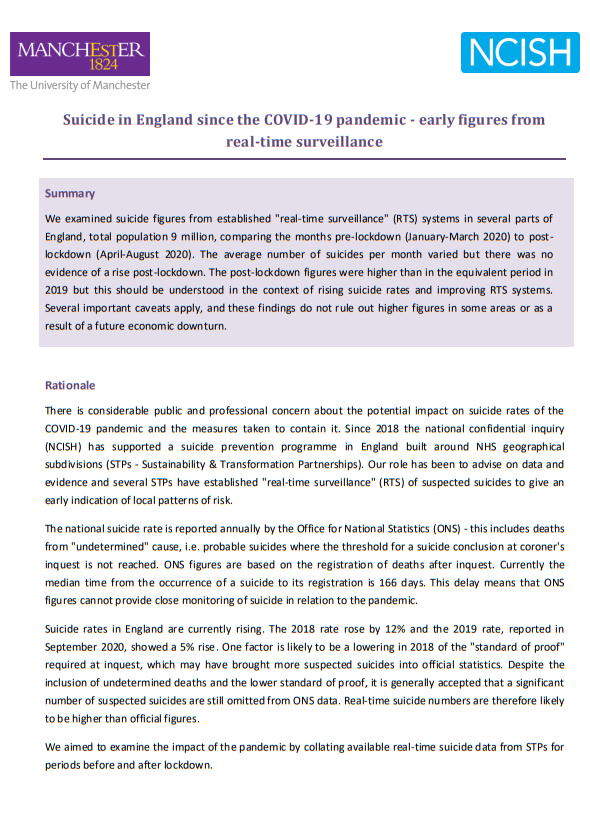 NCISH Suicide in England since the COVID-19 pandemic