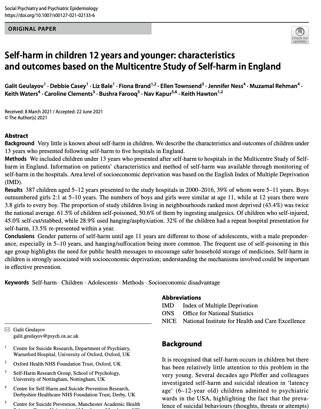 Cover page for research paper on 'Self-harm in children 12 years and younger: Characteristics and outcomes based on the Multicentre Study of Self-harm in England'