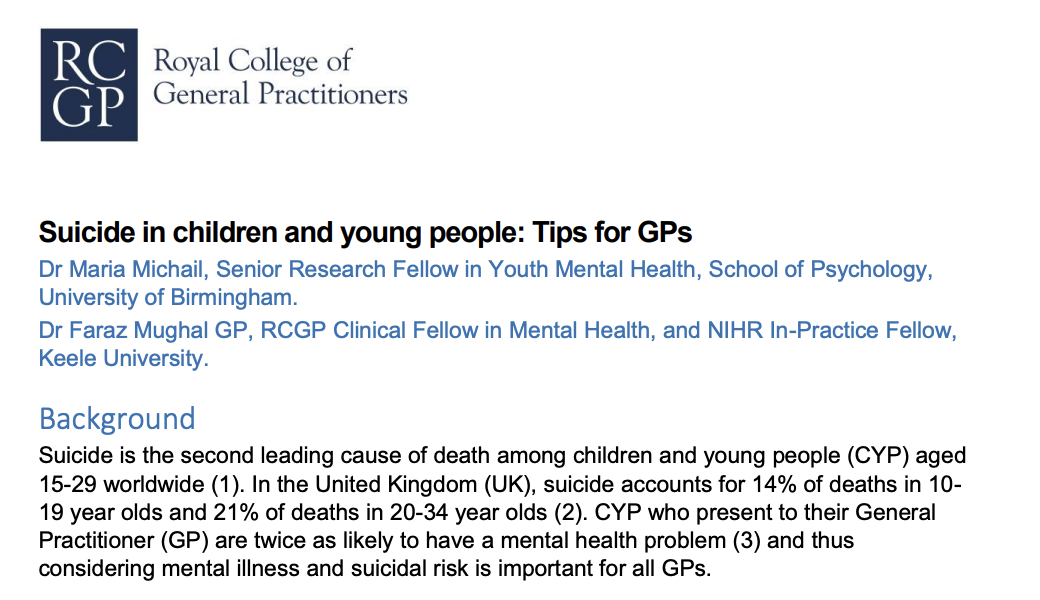 Front page of 'Suicide in children and young people: Tips for GPs