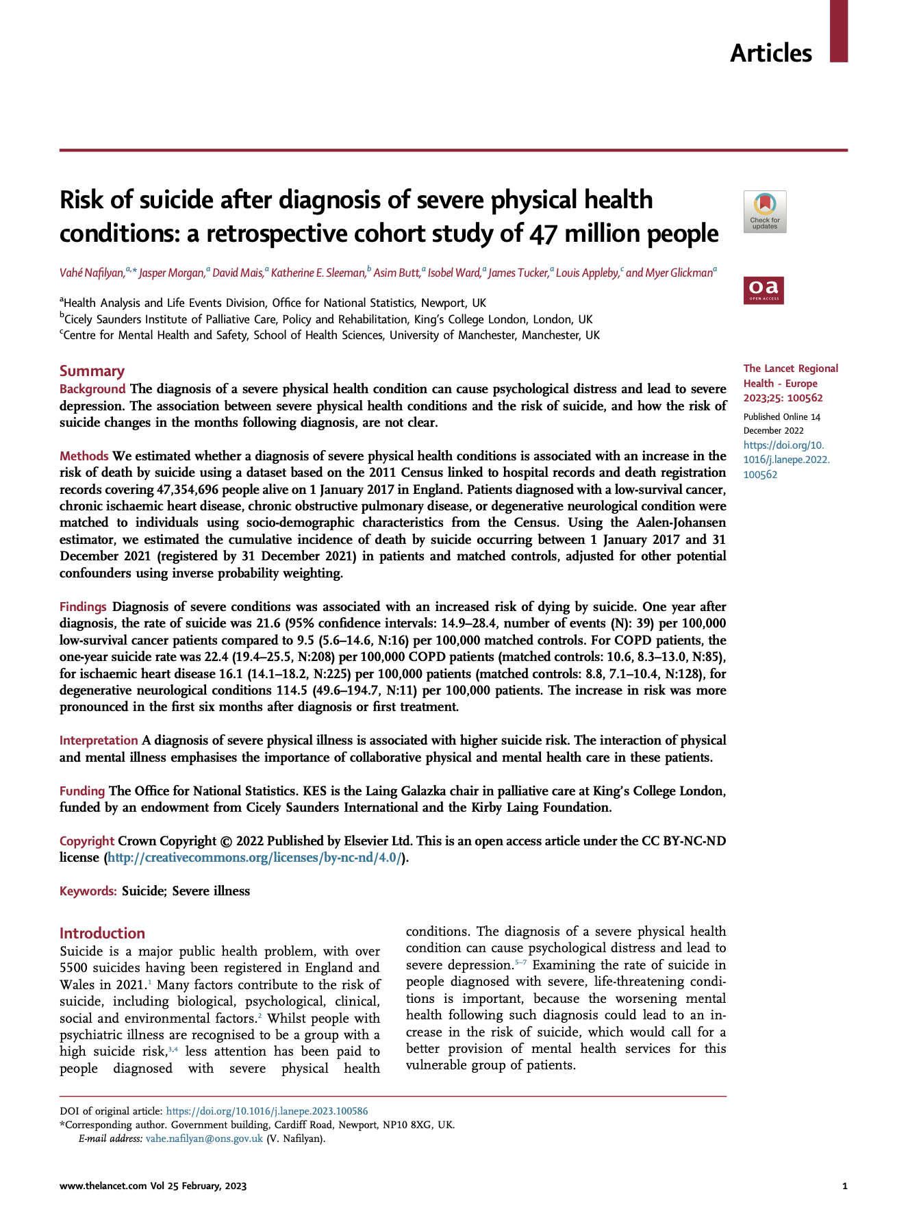 Front page of Lancet report on 'Risk of suicide after diagnosis of severe physical health conditions'