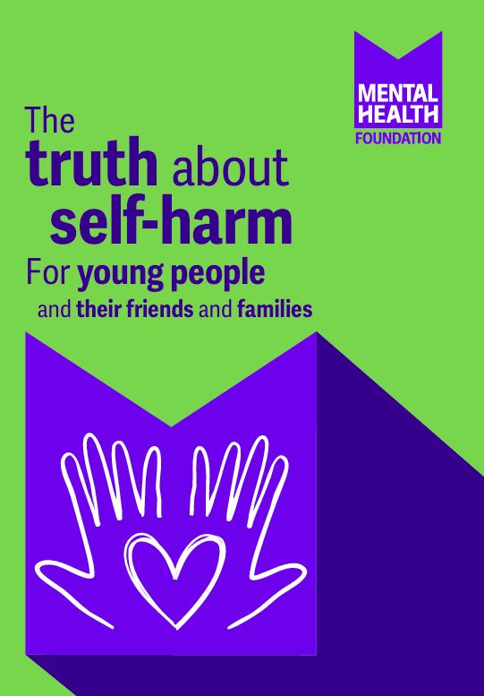 Cover of the guide. The background is a vivid green and has the title of the guide and an image of the Mental Health Foundation logo in purple with 2 hands and a heart in white