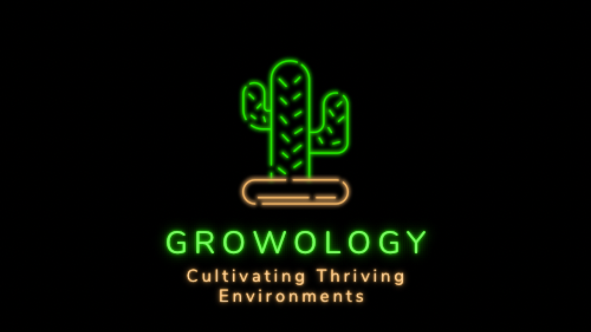 Growology logo. Black background with green cactus.