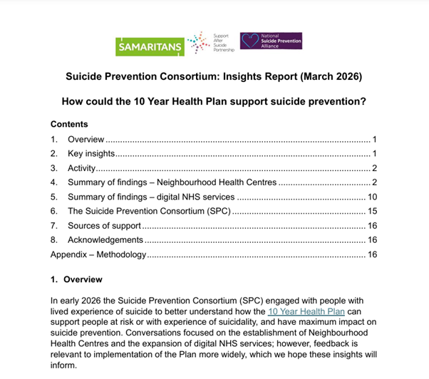 Screenshot of a report titled "Suicide Prevention Consortium: Insights Report (March 2026). How could the 10 Year Health Plan support suicide prevention?" with table of contents and excerpt from the report overview.